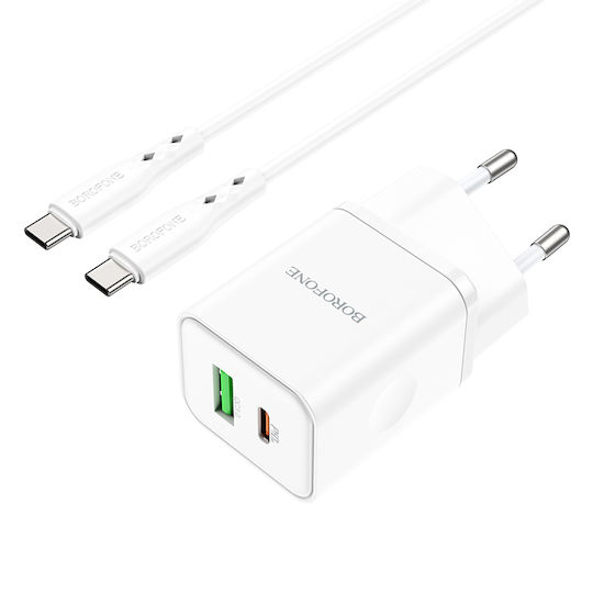 Borofone Charger with USB-A Port and USB-C Port and Cable USB-C - USB-C 20W Power Delivery Whites (BN7)