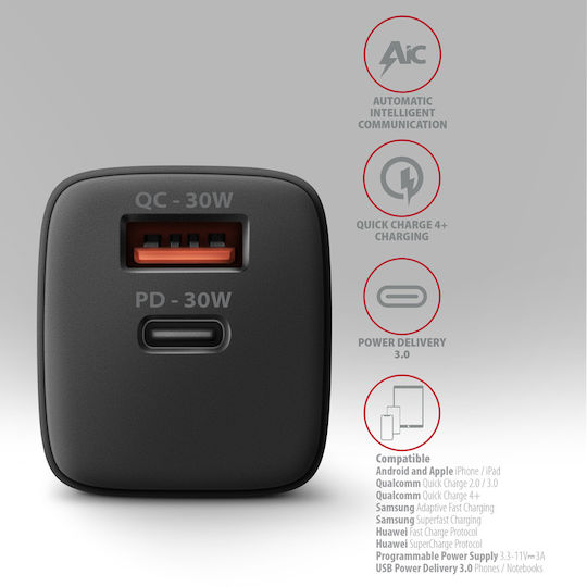 Axagon Φορτιστής Χωρίς Καλώδιο GaN 30W Power Delivery / Quick Charge 3.0 Μαύρος (AZAXNLSACUPQ301)