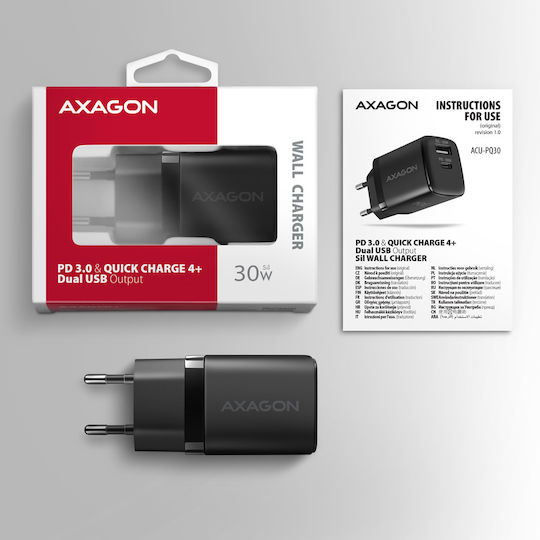 Axagon Φορτιστής Χωρίς Καλώδιο GaN 30W Power Delivery / Quick Charge 3.0 Μαύρος (AZAXNLSACUPQ301)