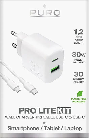 Puro Charger with USB-A Port and USB-C Port and Cable USB-C - USB-C 30W Whites
