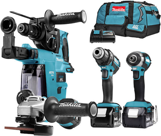 Makita DLX4155TX1 Сет Ъглово колело & Двигател за бормашина & Ударна отвертка & Багер 18V с 2 батерии 5Ах и куфар