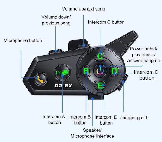 D2-6X Single Motorcycle Communication System for Helmet with Bluetooth