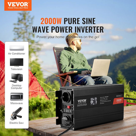 Vevor Inverter Αυτοκινήτου Καθαρού Ημιτόνου 2000W για Μετατροπή 12V DC σε 220V AC