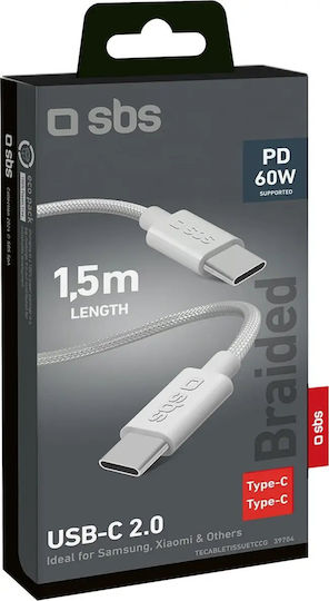 SBS Braided USB 2.0 Cable USB-C Male - USB-C 60W PD Gray 1.5m