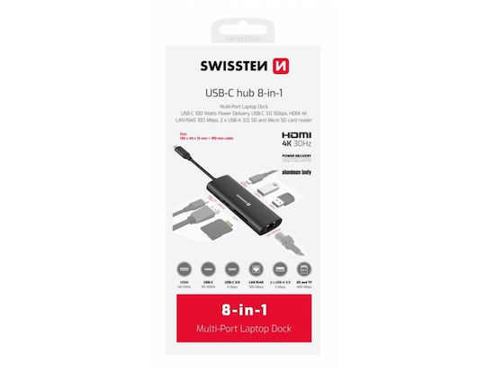 Swissten USB-C Docking Station με HDMI 4K PD Ethernet Μαύρο (44040203)