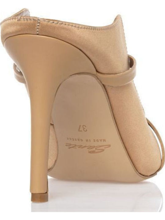 Satin Mules with High Heel in Beige Color
