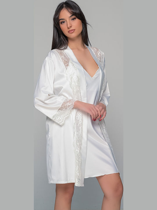 Milena by Paris Χειμερινό Σατέν Γυναικείο Νυχτικό με String Ιβουάρ