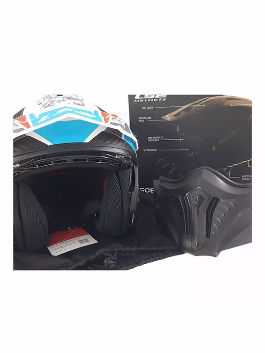 LS2 OF606 Drifter Devor Matt White/Blue Motorcycle Helmet Modular ECE 22.06 1300gr