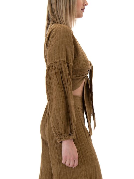 Γυναικείο Crop Top Βαμβακερό Μακρυμάνικο Καφέ (light Brown)