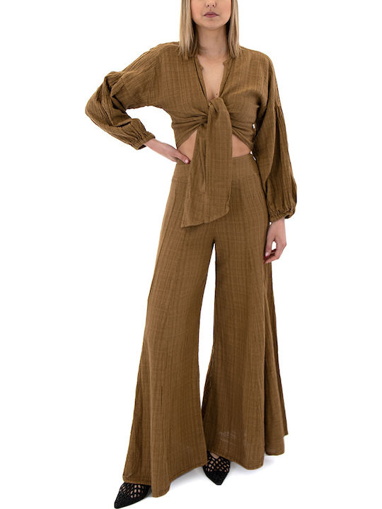 Γυναικείο Crop Top Βαμβακερό Μακρυμάνικο Καφέ (light Brown)