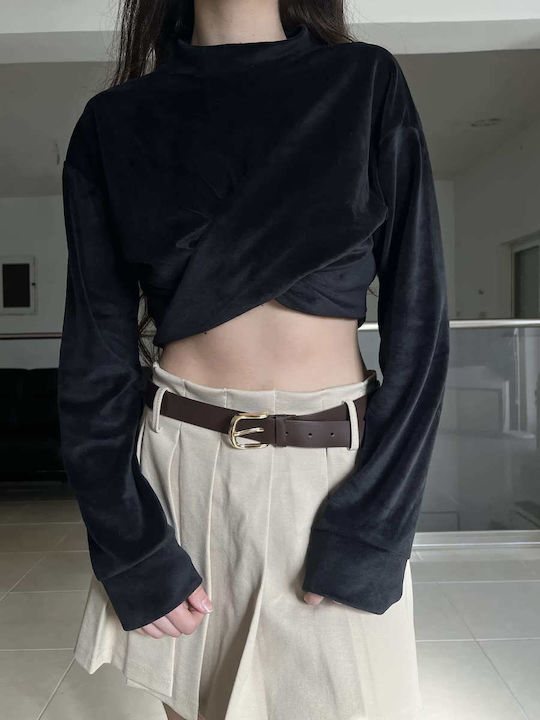 Damen Crop Top Samt Langarm black