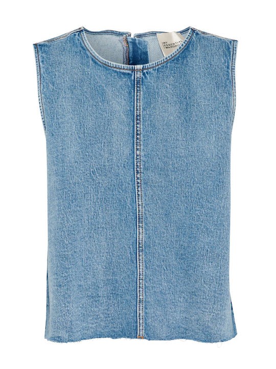 Women's Blouse Cotton Sleeveless with Zipper Blue