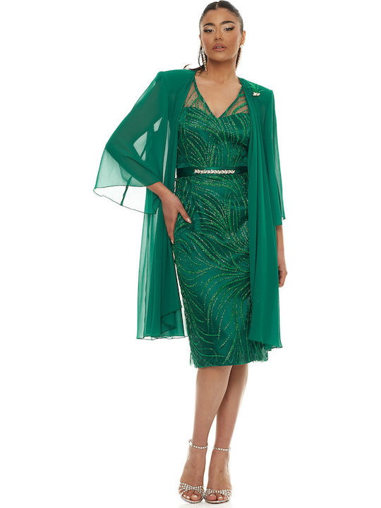 Green Midi Evening Dress with Mesh