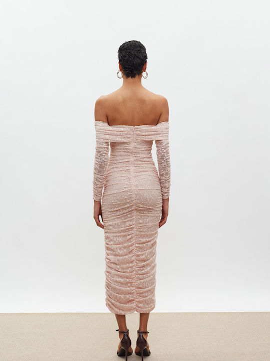 Rochie Midi De Seară Cu Dantelă Roz