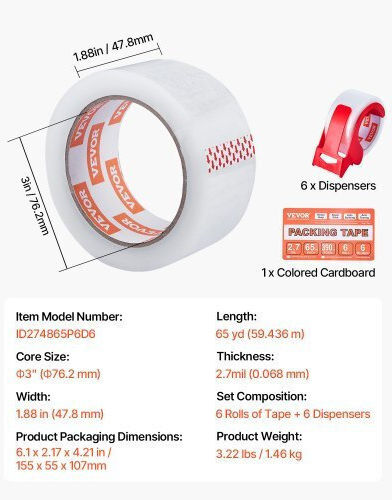 Vevor Packaging Tape 6 Rolls 65 Yards Transparent Dispenser 2.7 Mil 3ycxfxjdtm6g2l8sqv0