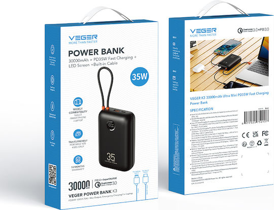 Veger W3018 Power Bank 30000mAh 35W με Θύρα USB-A και Θύρα USB-C Power Delivery / Quick Charge 3.0 Μαύρο