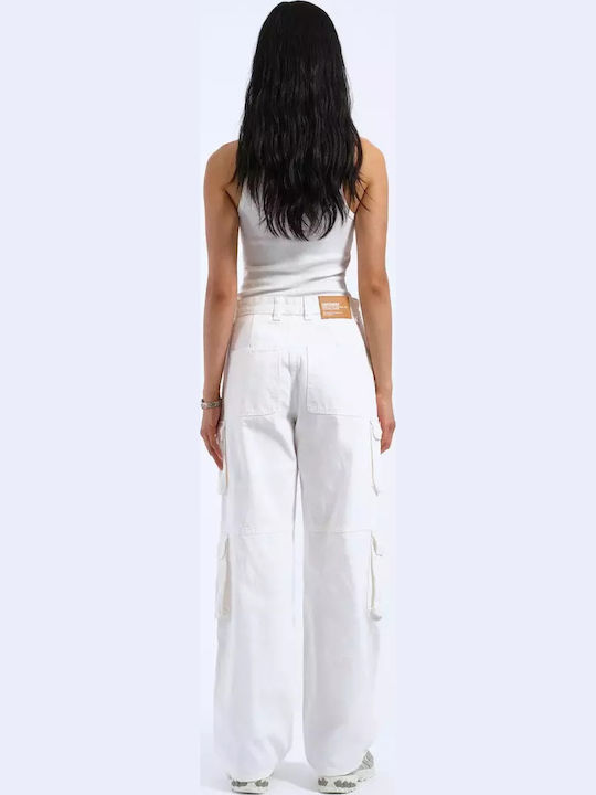 Damen Hoch tailliert Stoff Cargo Hose in Entspannter Passform White
