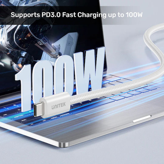 Unitek Magnetic / Retractable / Braided USB 2.0 Cable USB-C male - USB-C 100W PD Λευκό 1m C1414AWH-1M