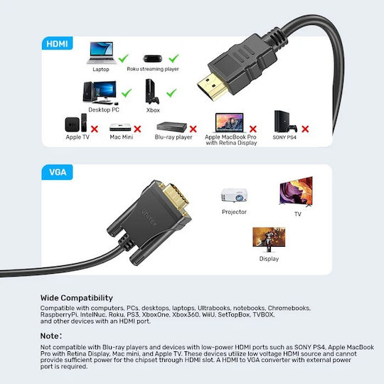 Unitek HDMI Cable Male - VGA Male 2m Black