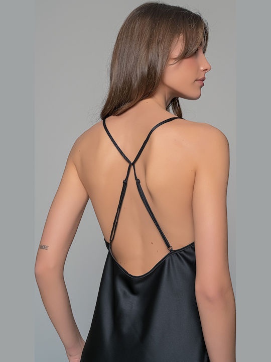 Milena by Paris Summer Satin Women's Nightdress with String Black