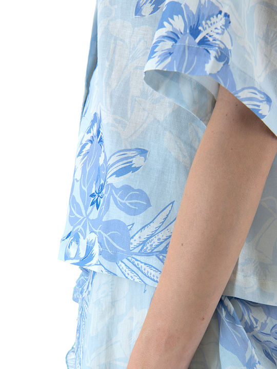 Women's Linen Floral Short Sleeve Shirt Ecru-blue-sky blue