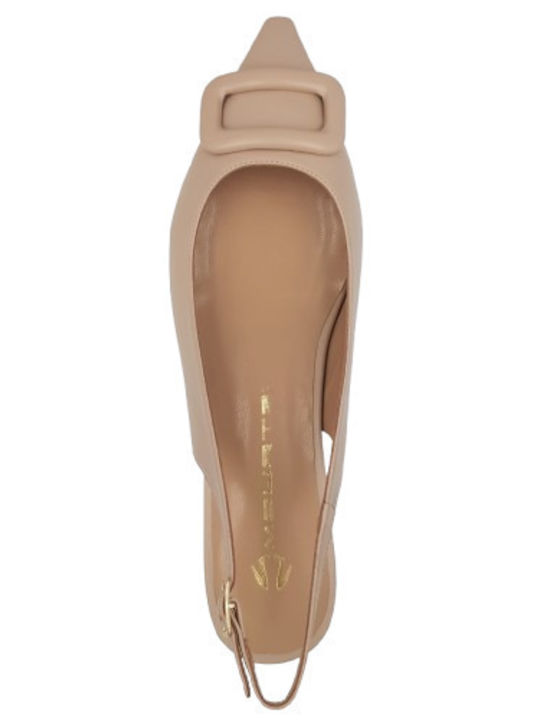Leather Pointed Toe Beige Heels with Strap
