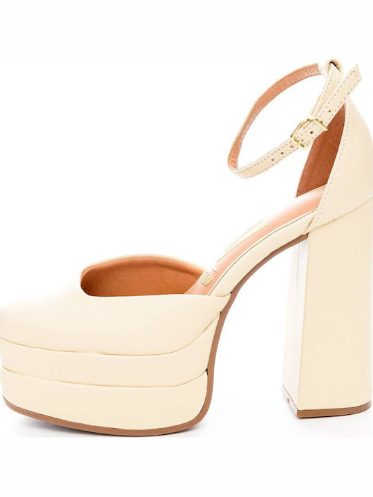 Synthetic Leather Ecru High Heels with Strap