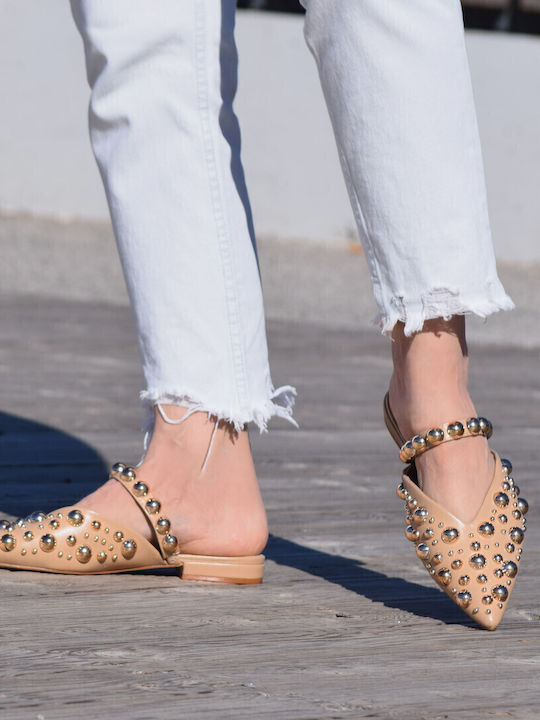 Flat Δερμάτινα Mules σε Μπεζ Χρώμα