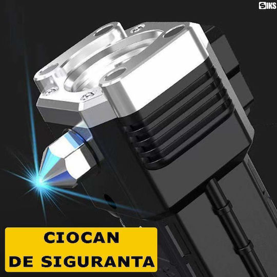 Lanternă LED Siks Echipată cu Ciocan de Siguranță, Cutter, Încărcare Magnetică USB, Baterie Reîncărcabilă 300 Lm, Rezistentă la Apă IP44, Material ABS, Negru Argintiu