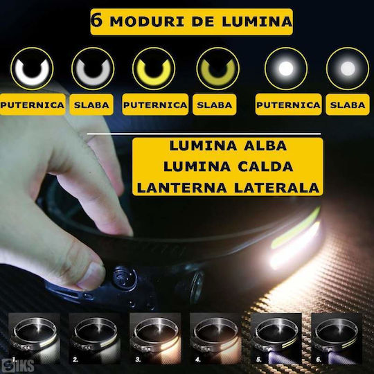 Siks LED челник с 2 ленти, професионално USB зареждане, 6 режима на осветление, регулиране на яркостта, 3 високоефективни светлинни източника, къмпинг, риболов, лов, работа, USB зареждане W689-2 черен