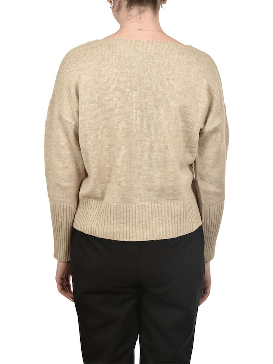 Women's Long Sleeve Sweater Woolen with V Neckline Beige
