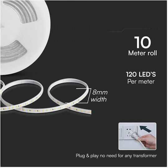 V-TAC Αδιάβροχη Ταινία LED 220V Ψυχρό Λευκό Φως 10m Τύπου SMD2835