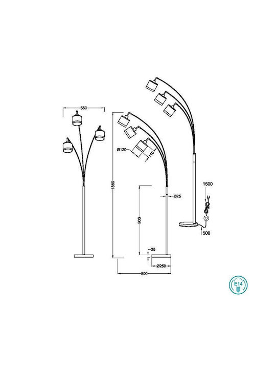 Trio Lighting Davos Φωτιστικό Δαπέδου Υ185xΜ12εκ. με Ντουί για Λαμπτήρα E14 Μαύρο