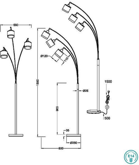 Trio Lighting Davos Stehleuchte H185xB12cm. mit Fassung für Lampe E14 Weiß