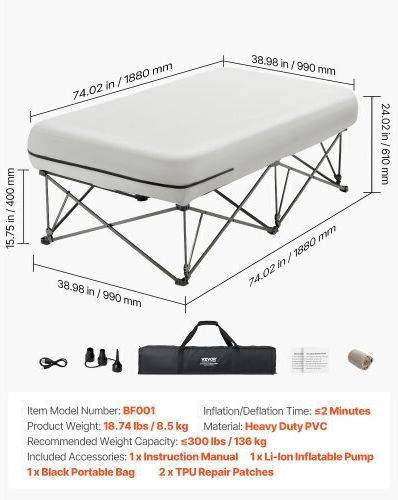 Vevor Φουσκωτό Στρώμα Ύπνου Μονό 188x99x22.5εκ.