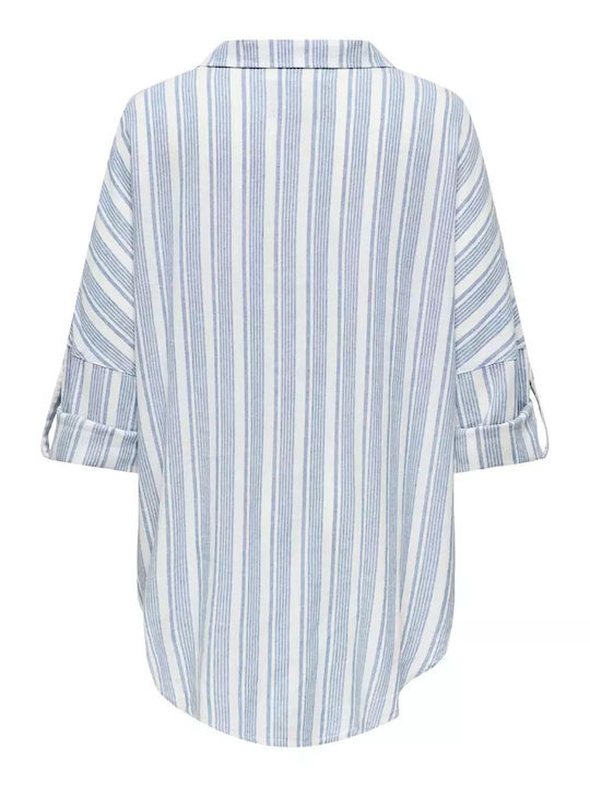 Women's Summer Blouse Linen with 3/4 Sleeve Striped Sky Blue