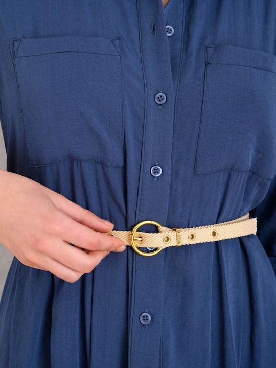 Summer Midi Shirt Dress with 3/4 Sleeve Blue