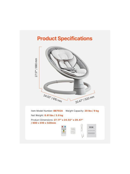 Vevor Elektrisch Baby Relax mit Musik Gray für Kind bis 9kg