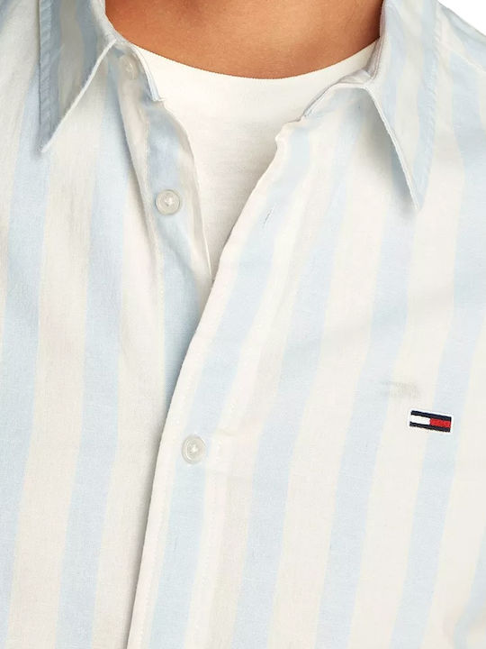 Kurzärmlig Leinen Hemd Gestreift White-Sky Blue