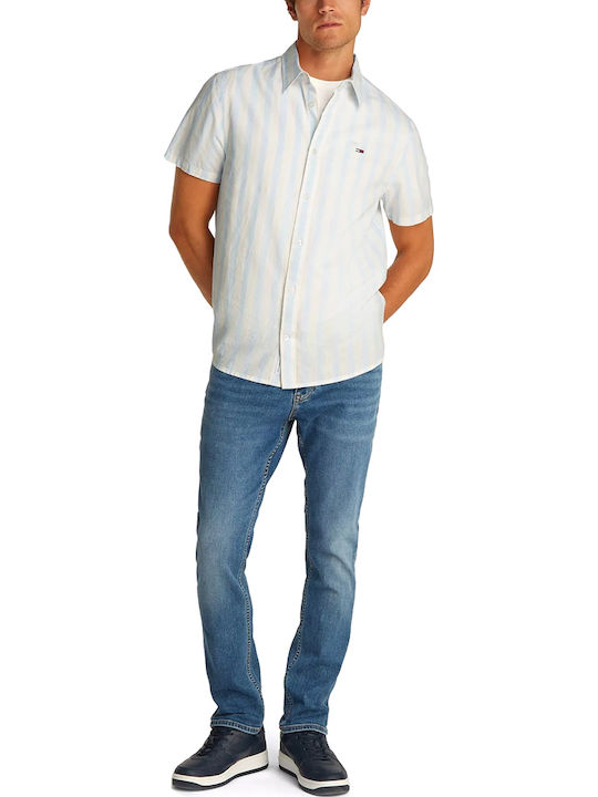 Kurzärmlig Leinen Hemd Gestreift White-Sky Blue