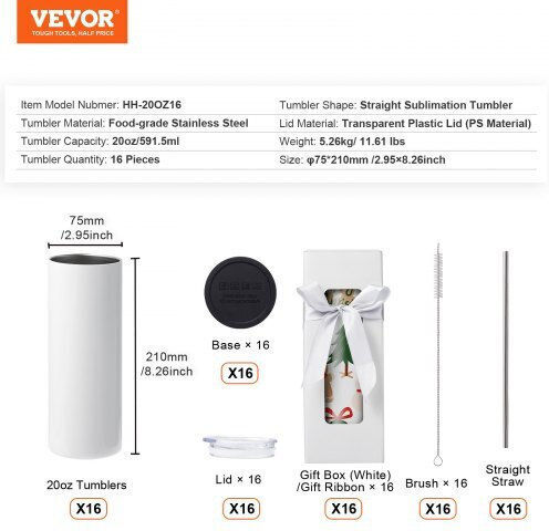 Vevor Set Gläser Wasser aus Edelstahl mit Strohhalm 592ml 16Stück