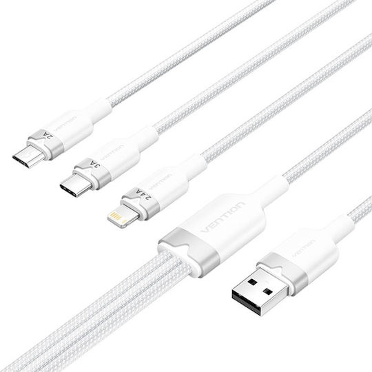 Vention Braided USB to Lightning Type-C micro USB Cable 2A White 1.5m