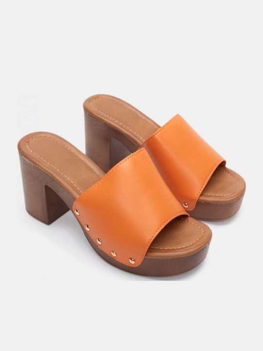 Mules with Chunky High Heel in Orange Color