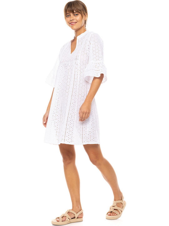 Women's Beachdress Pink Label Dress Cut Embroidery White Regular Fit Cotton