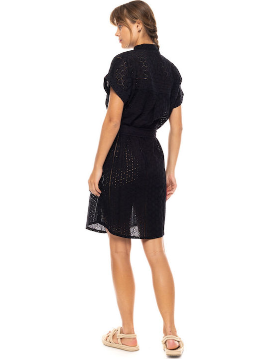 Damen Strandkleid Pink Label Hemdkleid Schwarz Regular Fit Baumwolle