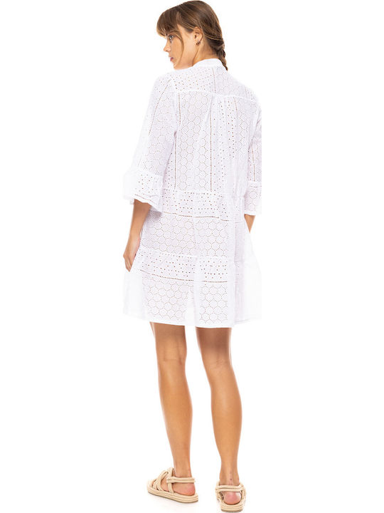 Women's Beachdress Pink Label Dress White Cutwork Embroidery Regular Fit Cotton