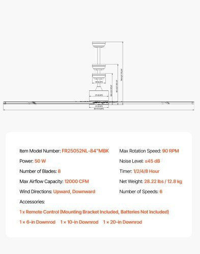Vevor Deckenventilator 213cm Schwarzer