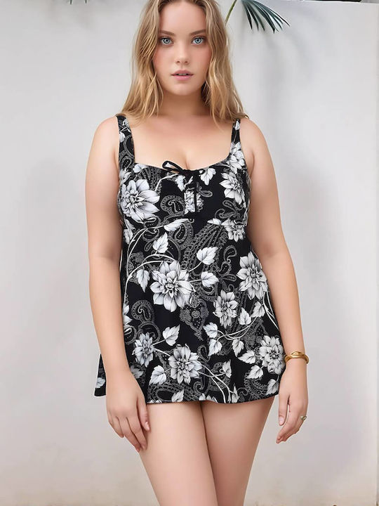 Tankini Swimsuit With Light Padding Floral Black