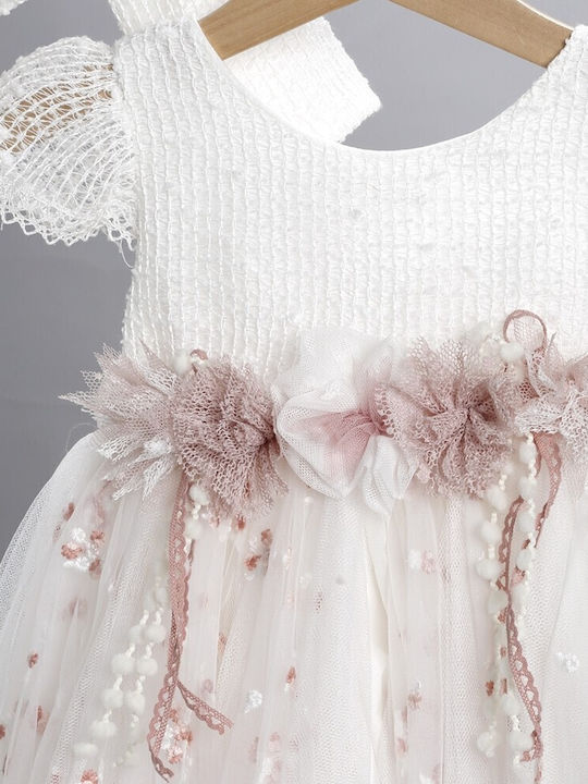 New Life Set De Haine De Botez Pentru Fete Ecru Cu Cardigan Și Rochie Din Tulle 3 Bucăți