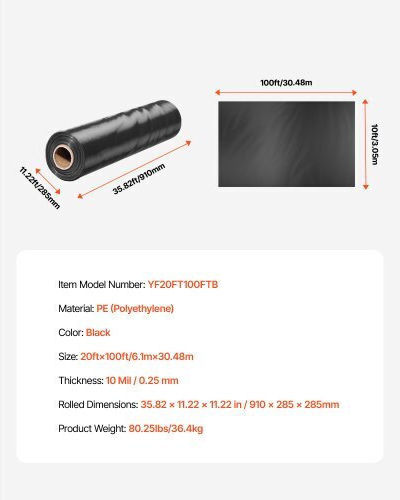 Vevor SLM20FT100FT86LRDV0 Țesătură Pentru Acoperirea Solului 30,48x6,96m Neagră